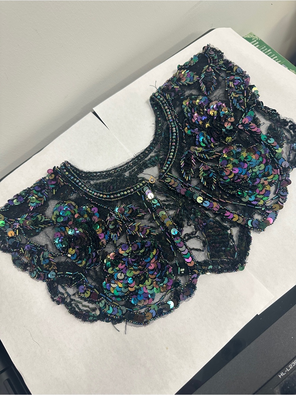 Vintage Art Deco Black Lace Collar Multicolor AB Sequins Glass Beads 6” wide